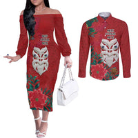 Maori Wheku Meri Kirihimete Personalised Couples Matching Off The Shoulder Long Sleeve Dress and Long Sleeve Button Shirt All Red Indigenous Maori Motif LT9 Red - Polynesian Pride
