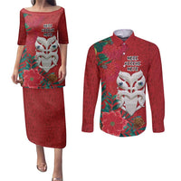 Maori Wheku Meri Kirihimete Personalised Couples Matching Puletasi and Long Sleeve Button Shirt All Red Indigenous Maori Motif - Polynesian Pride