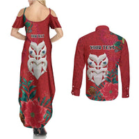 Maori Wheku Meri Kirihimete Personalised Couples Matching Summer Maxi Dress and Long Sleeve Button Shirt All Red Indigenous Maori Motif LT9 - Polynesian Pride