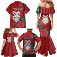 Maori Wheku Meri Kirihimete Personalised Family Matching Mermaid Dress and Hawaiian Shirt All Red Indigenous Maori Motif - Polynesian Pride