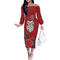 Maori Wheku Meri Kirihimete Personalised Family Matching Off The Shoulder Long Sleeve Dress and Hawaiian Shirt All Red Indigenous Maori Motif - Polynesian Pride