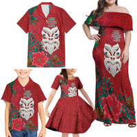 Maori Wheku Meri Kirihimete Personalised Family Matching Off Shoulder Maxi Dress and Hawaiian Shirt All Red Indigenous Maori Motif LT9 - Polynesian Pride