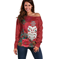 Maori Wheku Meri Kirihimete Personalised Off Shoulder Sweater All Red Indigenous Maori Motif - Polynesian Pride