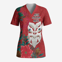 Maori Wheku Meri Kirihimete Personalised Scrub Top All Red Indigenous Maori Motif - Polynesian Pride