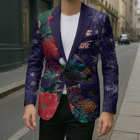 Tui Meri Kirihimete Personalised Blazer Pohutukawa Flowers Blue Motif - Polynesian Pride