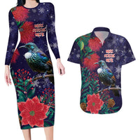 Tui Meri Kirihimete Personalised Couples Matching Long Sleeve Bodycon Dress and Hawaiian Shirt Pohutukawa Flowers Blue Motif LT9 Blue - Polynesian Pride