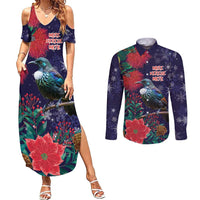 Tui Meri Kirihimete Personalised Couples Matching Summer Maxi Dress and Long Sleeve Button Shirt Pohutukawa Flowers Blue Motif LT9 Blue - Polynesian Pride