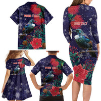 Tui Meri Kirihimete Personalised Family Matching Long Sleeve Bodycon Dress and Hawaiian Shirt Pohutukawa Flowers Blue Motif LT9 - Polynesian Pride
