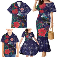 Tui Meri Kirihimete Personalised Family Matching Mermaid Dress and Hawaiian Shirt Pohutukawa Flowers Blue Motif LT9 - Polynesian Pride