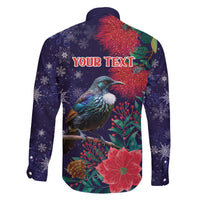 Tui Meri Kirihimete Personalised Family Matching Off The Shoulder Long Sleeve Dress and Hawaiian Shirt Pohutukawa Flowers Blue Motif LT9 - Polynesian Pride