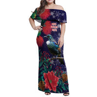 Tui Meri Kirihimete Personalised Family Matching Off Shoulder Maxi Dress and Hawaiian Shirt Pohutukawa Flowers Blue Motif LT9 Mom's Dress Blue - Polynesian Pride