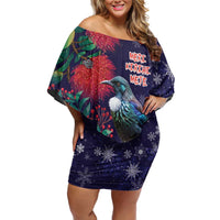 Tui Meri Kirihimete Personalised Family Matching Off Shoulder Short Dress and Hawaiian Shirt Pohutukawa Flowers Blue Motif LT9 Mom's Dress Blue - Polynesian Pride