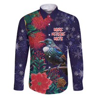Tui Meri Kirihimete Personalised Family Matching Puletasi and Hawaiian Shirt Pohutukawa Flowers Blue Motif LT9 Dad's Shirt - Long Sleeve Blue - Polynesian Pride