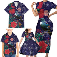 Tui Meri Kirihimete Personalised Family Matching Short Sleeve Bodycon Dress and Hawaiian Shirt Pohutukawa Flowers Blue Motif LT9 - Polynesian Pride