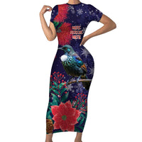 Tui Meri Kirihimete Personalised Family Matching Short Sleeve Bodycon Dress and Hawaiian Shirt Pohutukawa Flowers Blue Motif LT9 Mom's Dress Blue - Polynesian Pride