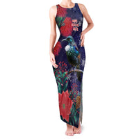 Tui Meri Kirihimete Personalised Family Matching Tank Maxi Dress and Hawaiian Shirt Pohutukawa Flowers Blue Motif LT9 Mom's Dress Blue - Polynesian Pride