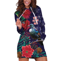Tui Meri Kirihimete Personalised Hoodie Dress Pohutukawa Flowers Blue Motif LT9 Blue - Polynesian Pride