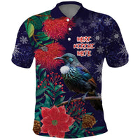 Tui Meri Kirihimete Personalised Polo Shirt Pohutukawa Flowers Blue Motif - Polynesian Pride