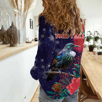 Tui Meri Kirihimete Personalised Women Casual Shirt Pohutukawa Flowers Blue Motif LT9 - Polynesian Pride