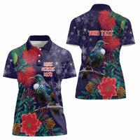 Tui Meri Kirihimete Personalised Women Polo Shirt Pohutukawa Flowers Blue Motif LT9 - Polynesian Pride