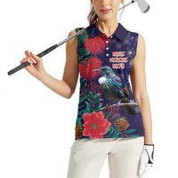 Tui Meri Kirihimete Personalised Women Sleeveless Polo Shirt Pohutukawa Flowers Blue Motif LT9 - Polynesian Pride