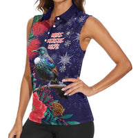 Tui Meri Kirihimete Personalised Women Sleeveless Polo Shirt Pohutukawa Flowers Blue Motif LT9 - Polynesian Pride