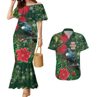 Tui Meri Kirihimete Personalised Couples Matching Mermaid Dress and Hawaiian Shirt Pohutukawa Flowers Green Motif LT9 Green - Polynesian Pride