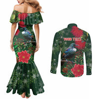 Tui Meri Kirihimete Personalised Couples Matching Mermaid Dress and Long Sleeve Button Shirt Pohutukawa Flowers Green Motif LT9 - Polynesian Pride
