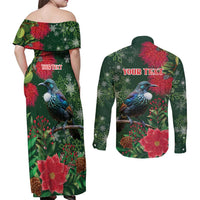 Tui Meri Kirihimete Personalised Couples Matching Off Shoulder Maxi Dress and Long Sleeve Button Shirt Pohutukawa Flowers Green Motif LT9 - Polynesian Pride