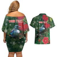 Tui Meri Kirihimete Personalised Couples Matching Off Shoulder Short Dress and Hawaiian Shirt Pohutukawa Flowers Green Motif LT9 - Polynesian Pride