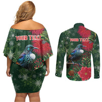 Tui Meri Kirihimete Personalised Couples Matching Off Shoulder Short Dress and Long Sleeve Button Shirt Pohutukawa Flowers Green Motif LT9 - Polynesian Pride