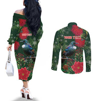 Tui Meri Kirihimete Personalised Couples Matching Off The Shoulder Long Sleeve Dress and Long Sleeve Button Shirt Pohutukawa Flowers Green Motif LT9 - Polynesian Pride