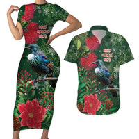 Tui Meri Kirihimete Personalised Couples Matching Short Sleeve Bodycon Dress and Hawaiian Shirt Pohutukawa Flowers Green Motif LT9 Green - Polynesian Pride