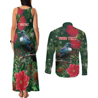 Tui Meri Kirihimete Personalised Couples Matching Tank Maxi Dress and Long Sleeve Button Shirt Pohutukawa Flowers Green Motif LT9 - Polynesian Pride