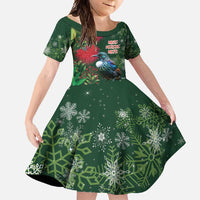 Tui Meri Kirihimete Personalised Family Matching Long Sleeve Bodycon Dress and Hawaiian Shirt Pohutukawa Flowers Green Motif LT9 Daughter's Dress Green - Polynesian Pride