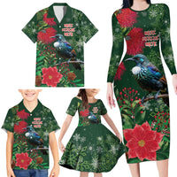 Tui Meri Kirihimete Personalised Family Matching Long Sleeve Bodycon Dress and Hawaiian Shirt Pohutukawa Flowers Green Motif LT9 - Polynesian Pride