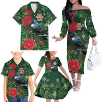 Tui Meri Kirihimete Personalised Family Matching Off The Shoulder Long Sleeve Dress and Hawaiian Shirt Pohutukawa Flowers Green Motif LT9 - Polynesian Pride