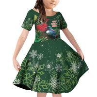 Tui Meri Kirihimete Personalised Family Matching Off Shoulder Short Dress and Hawaiian Shirt Pohutukawa Flowers Green Motif LT9 Daughter's Dress Green - Polynesian Pride