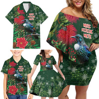 Tui Meri Kirihimete Personalised Family Matching Off Shoulder Short Dress and Hawaiian Shirt Pohutukawa Flowers Green Motif LT9 - Polynesian Pride