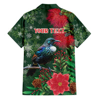 Tui Meri Kirihimete Personalised Family Matching Short Sleeve Bodycon Dress and Hawaiian Shirt Pohutukawa Flowers Green Motif LT9 - Polynesian Pride