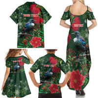 Tui Meri Kirihimete Personalised Family Matching Summer Maxi Dress and Hawaiian Shirt Pohutukawa Flowers Green Motif LT9 - Polynesian Pride