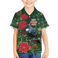 Tui Meri Kirihimete Personalised Family Matching Summer Maxi Dress and Hawaiian Shirt Pohutukawa Flowers Green Motif LT9 Son's Shirt Green - Polynesian Pride