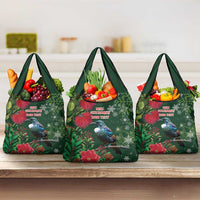 Tui Meri Kirihimete Personalised Grocery Bag Pohutukawa Flowers Green Motif - Polynesian Pride