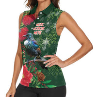 Tui Meri Kirihimete Personalised Women Sleeveless Polo Shirt Pohutukawa Flowers Green Motif LT9 - Polynesian Pride