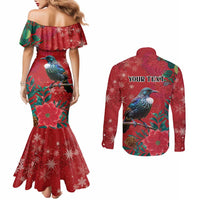 Tui Meri Kirihimete Personalised Couples Matching Mermaid Dress and Long Sleeve Button Shirt Pohutukawa Flowers Red Motif LT9 - Polynesian Pride