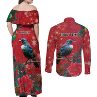 Tui Meri Kirihimete Personalised Couples Matching Off Shoulder Maxi Dress and Long Sleeve Button Shirt Pohutukawa Flowers Red Motif LT9 - Polynesian Pride