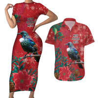 Tui Meri Kirihimete Personalised Couples Matching Short Sleeve Bodycon Dress and Hawaiian Shirt Pohutukawa Flowers Red Motif LT9 Red - Polynesian Pride