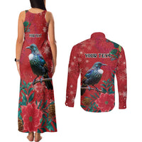 Tui Meri Kirihimete Personalised Couples Matching Tank Maxi Dress and Long Sleeve Button Shirt Pohutukawa Flowers Red Motif LT9 - Polynesian Pride