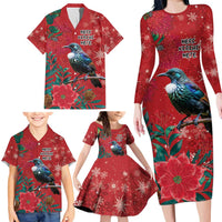 Tui Meri Kirihimete Personalised Family Matching Long Sleeve Bodycon Dress and Hawaiian Shirt Pohutukawa Flowers Red Motif LT9 - Polynesian Pride