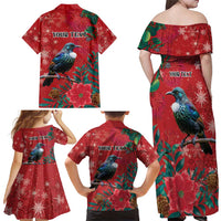 Tui Meri Kirihimete Personalised Family Matching Off Shoulder Maxi Dress and Hawaiian Shirt Pohutukawa Flowers Red Motif LT9 - Polynesian Pride